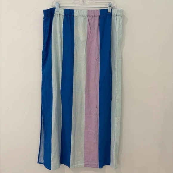 Anthropologie Celandine Striped Linen Midi Skirt Blue Pink Side Slit NWT Size L - Picture 4 of 4